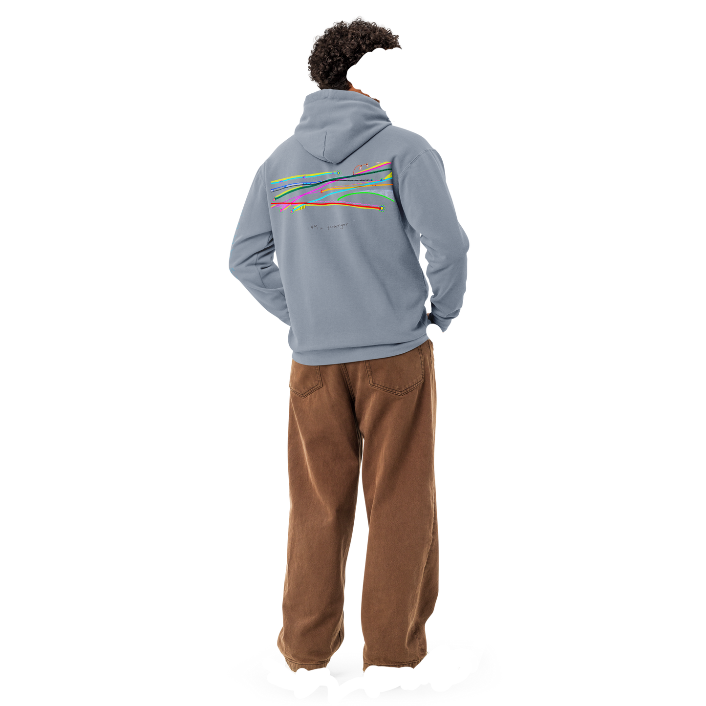 'Love is the driver' + 'I AM the passenger' (ie No A.I. ART Here) cotton hoodie in blue jean