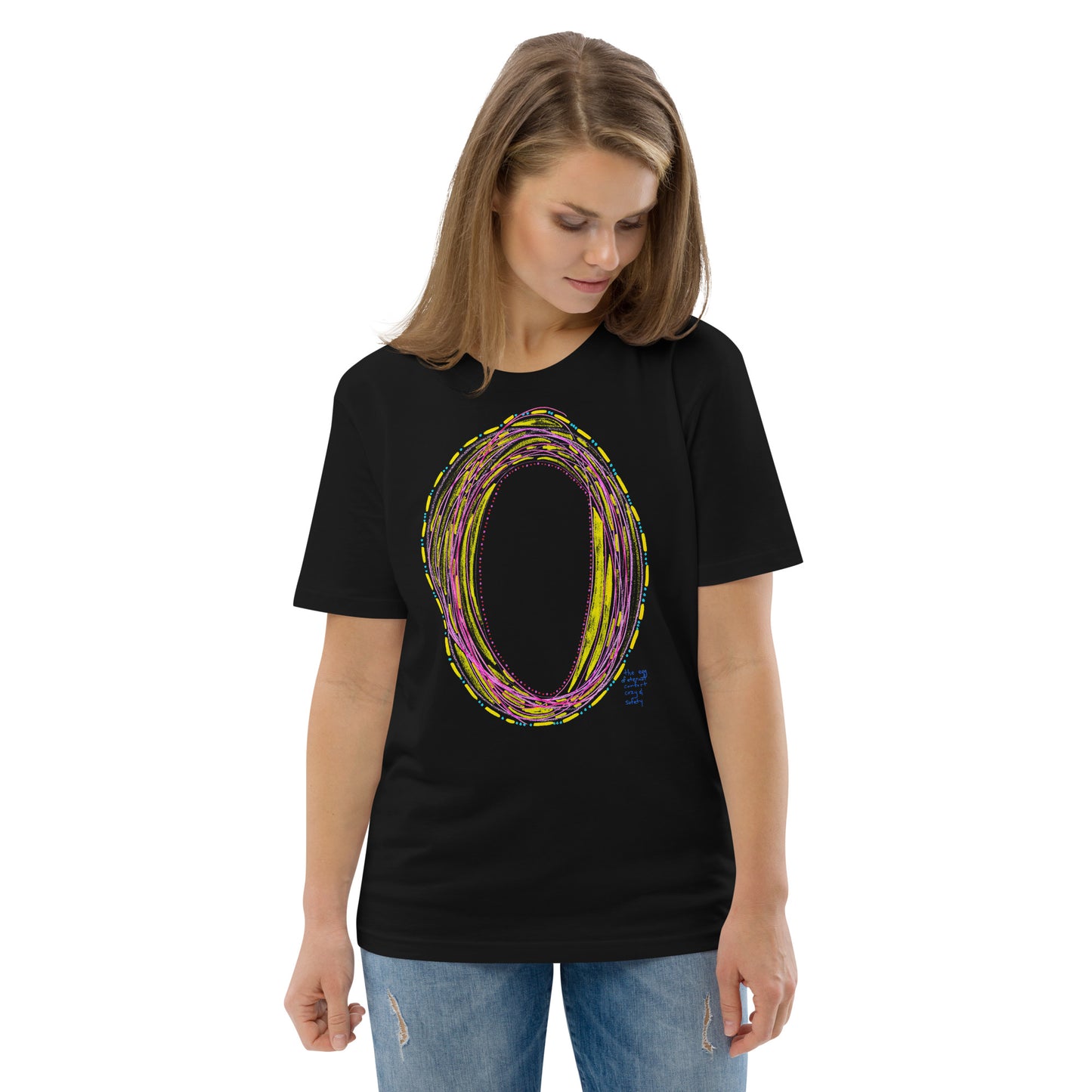 the egg of eternal comfort cozy & safety, unisex organic cotton t-shirt (in 3 shades)
