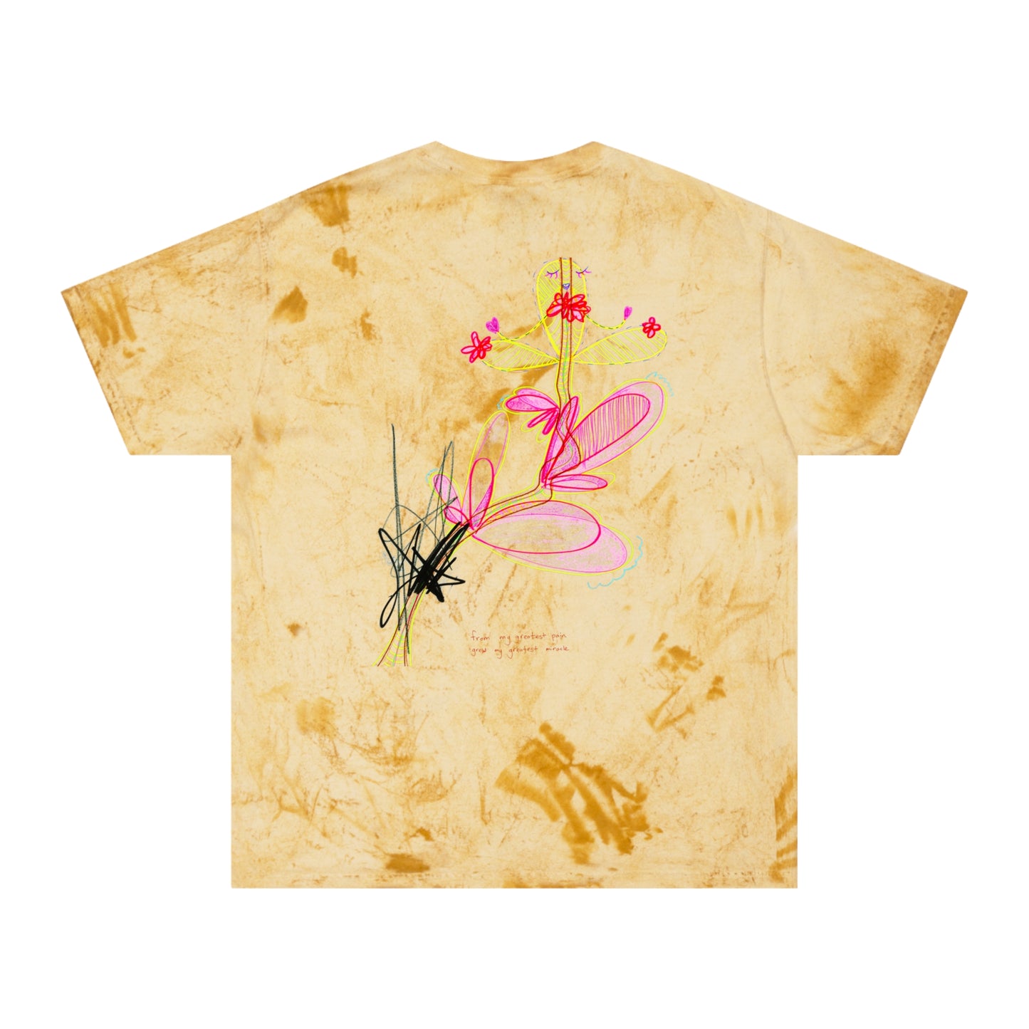 'are You the Golden Buddha? or are You the Golden Buddha!!?' + 'from my greatest pain grew my greatest miracle' 100% cotton T-shirt in 6 blasted shades of summer