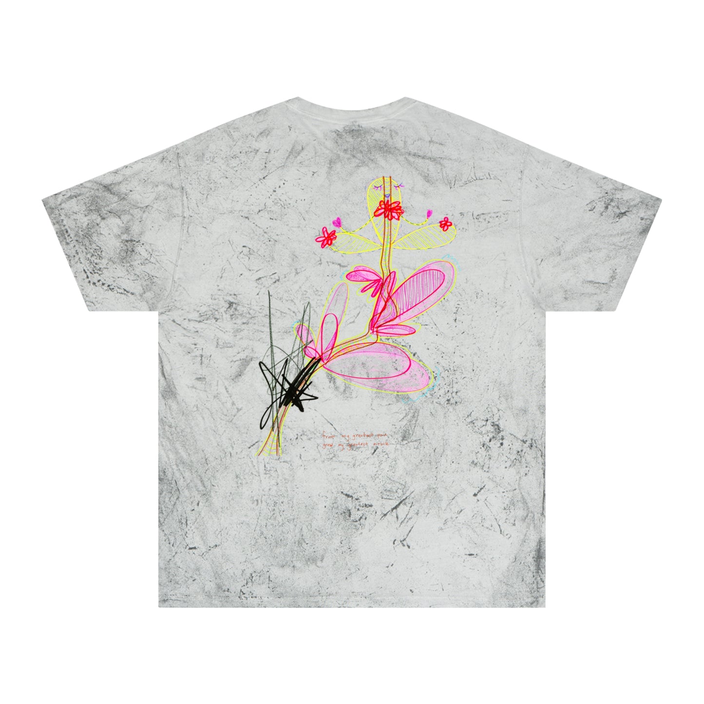 'are You the Golden Buddha? or are You the Golden Buddha!!?' + 'from my greatest pain grew my greatest miracle' 100% cotton T-shirt in 6 blasted shades of summer