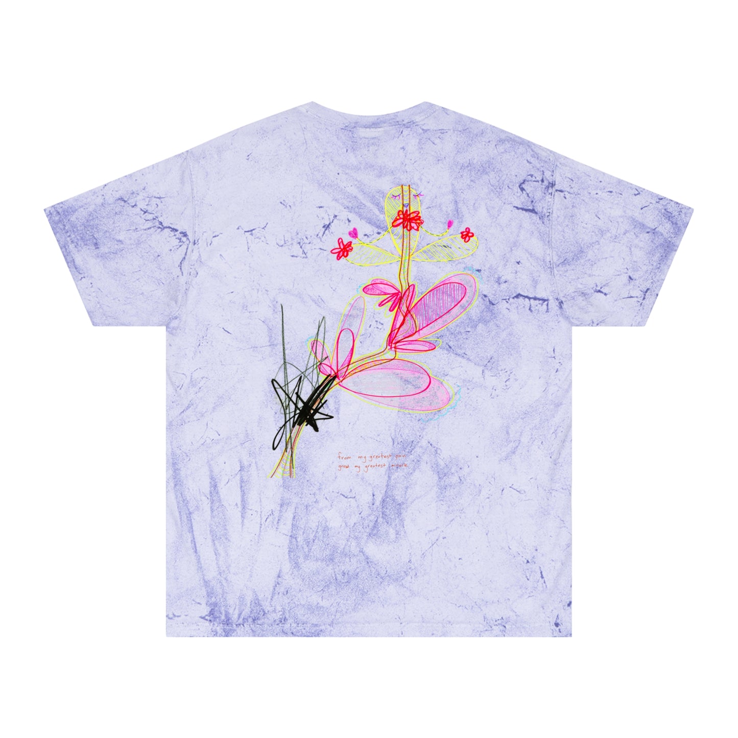 'are You the Golden Buddha? or are You the Golden Buddha!!?' + 'from my greatest pain grew my greatest miracle' 100% cotton T-shirt in 6 blasted shades of summer