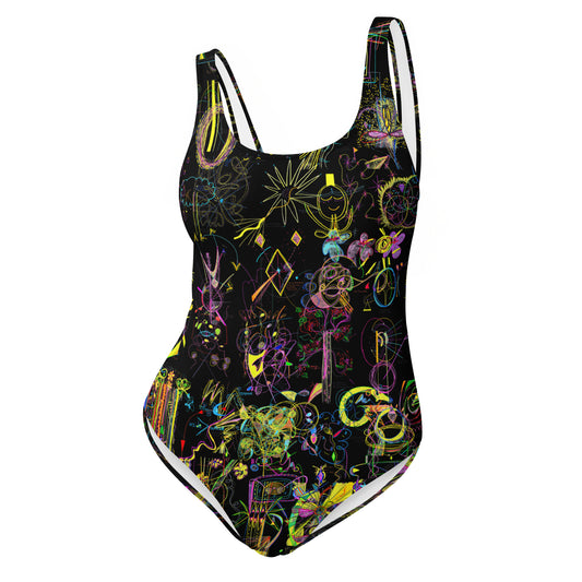 'the day she remembered HER POWER' one-piece swimsuit in black