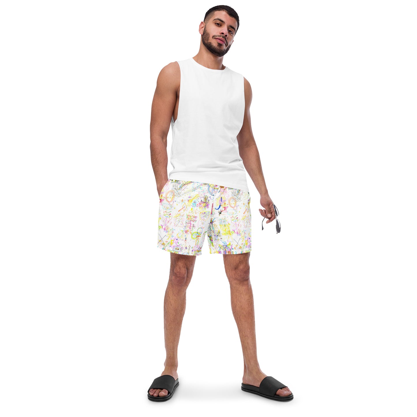 the GODDESS is calling, masculine recycled swim trunks in white