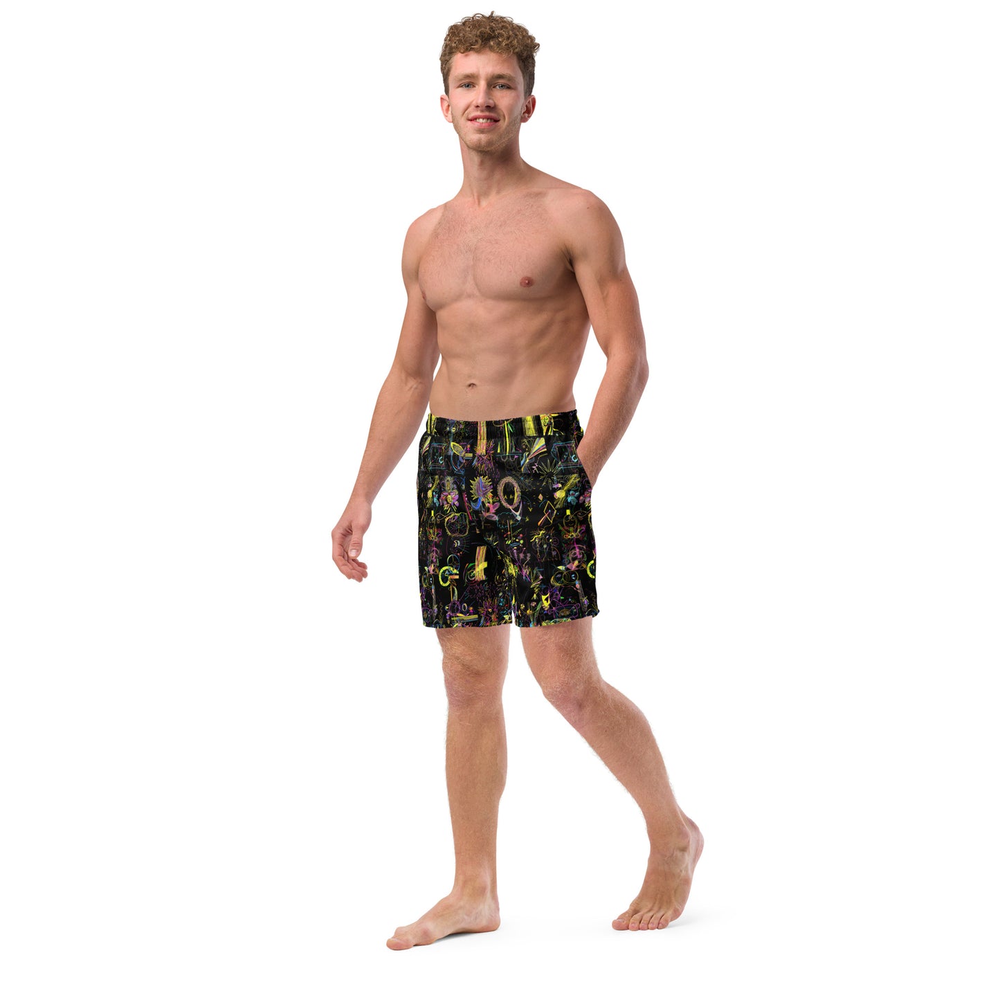 the GODDESS is calling, masculine recycled swim trunks in black