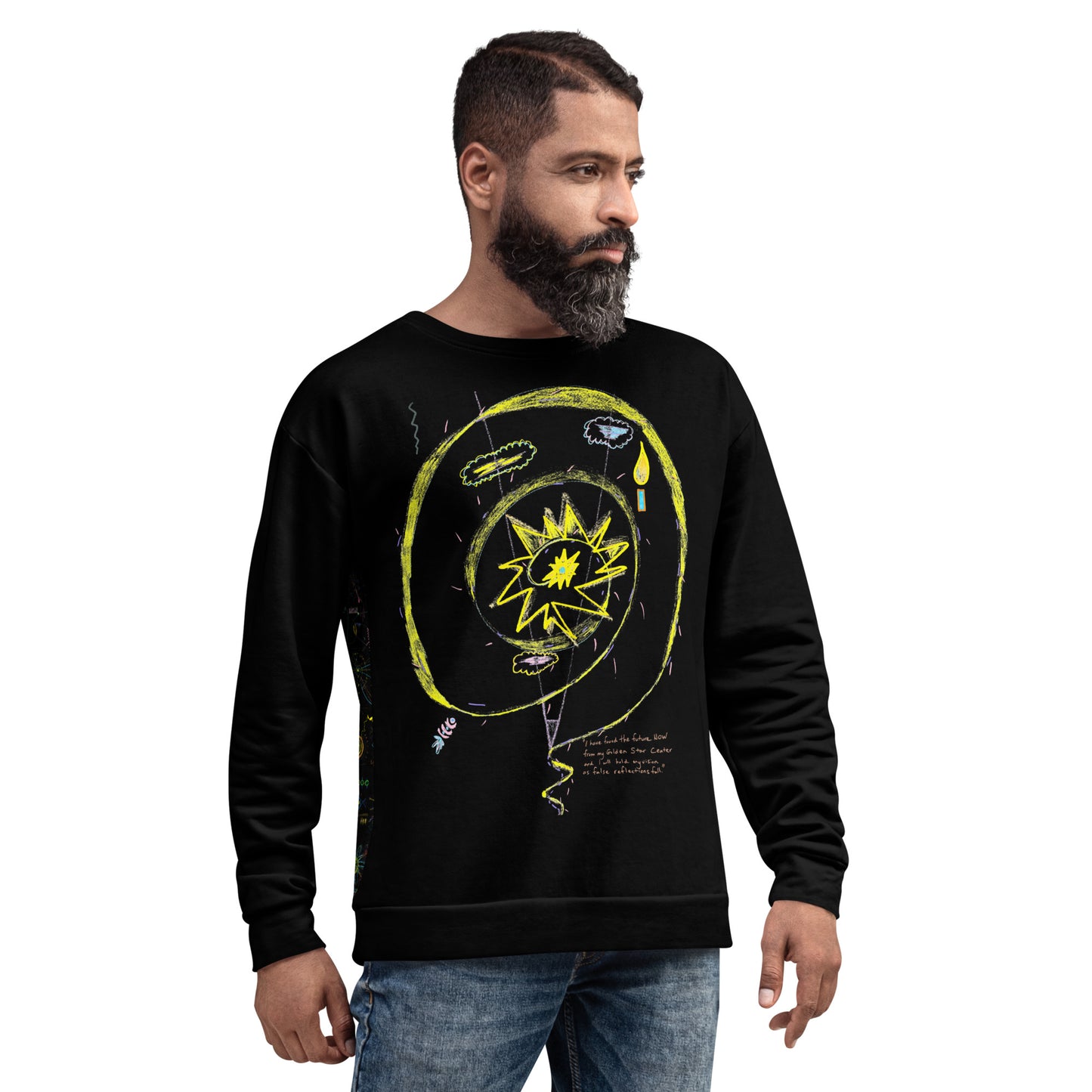 I have found the future NOW, from my Golden Star Center, and I will hold my vision, as false reflections fall. recycled unisex sweatshirt in black