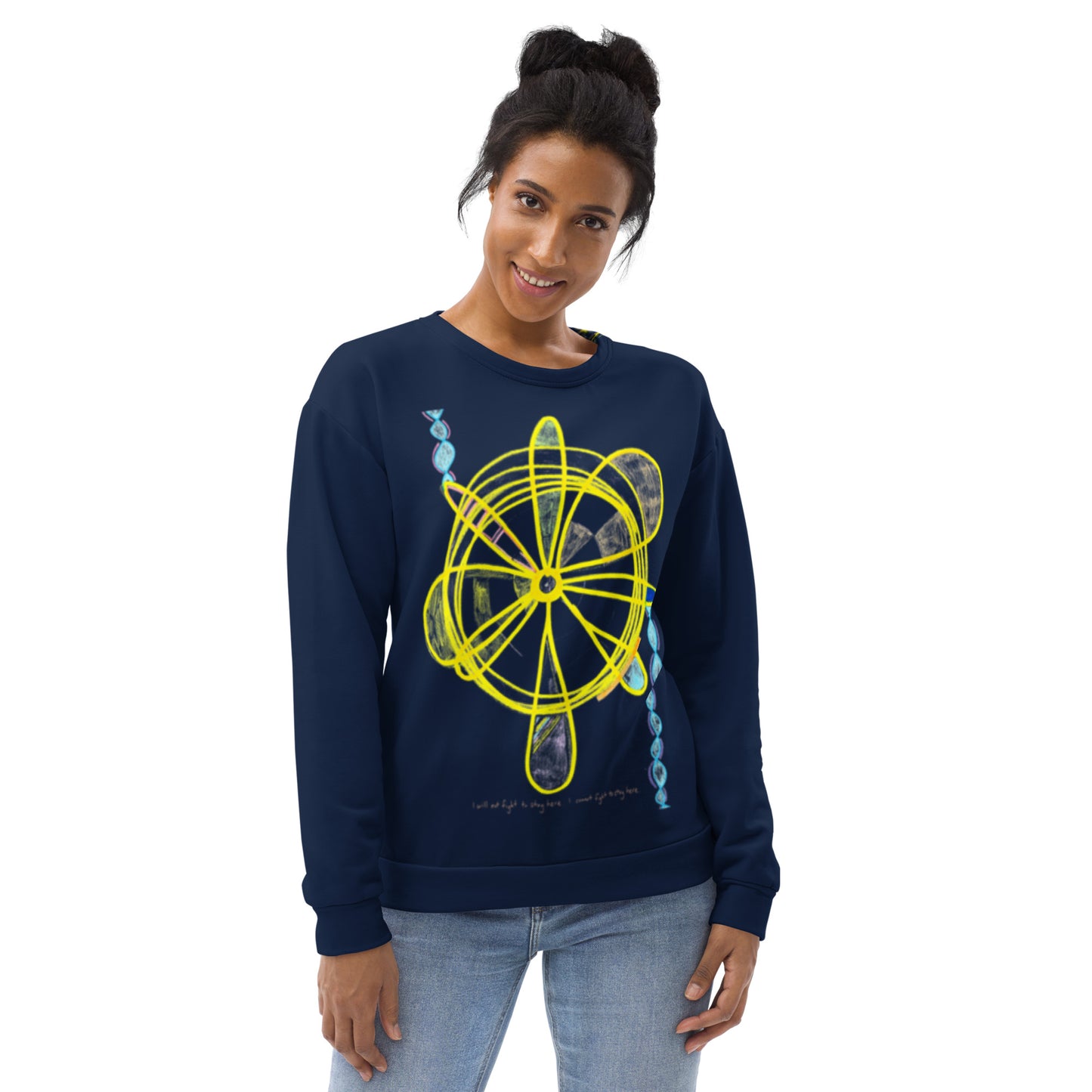 I will not fight to stay here. I cannot fight to stay here. recycled unisex sweatshirt in dark blue