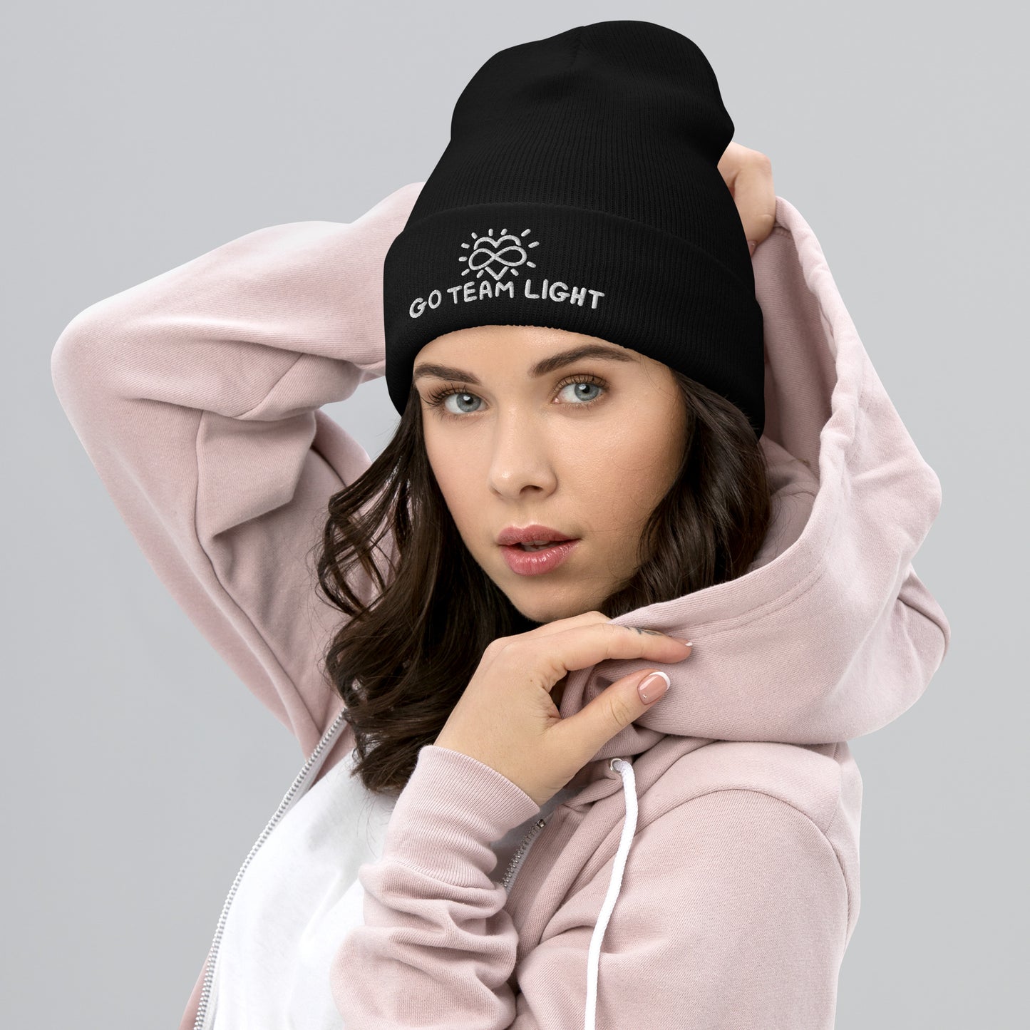 GO TEAM LIGHT, cuffed embroidered beanie in black