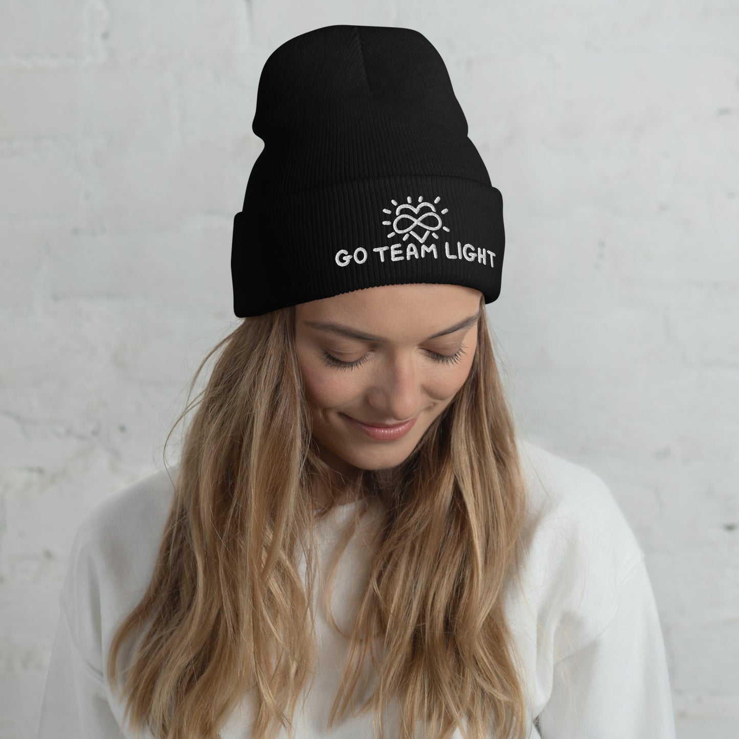 GO TEAM LIGHT, cuffed embroidered beanie in black