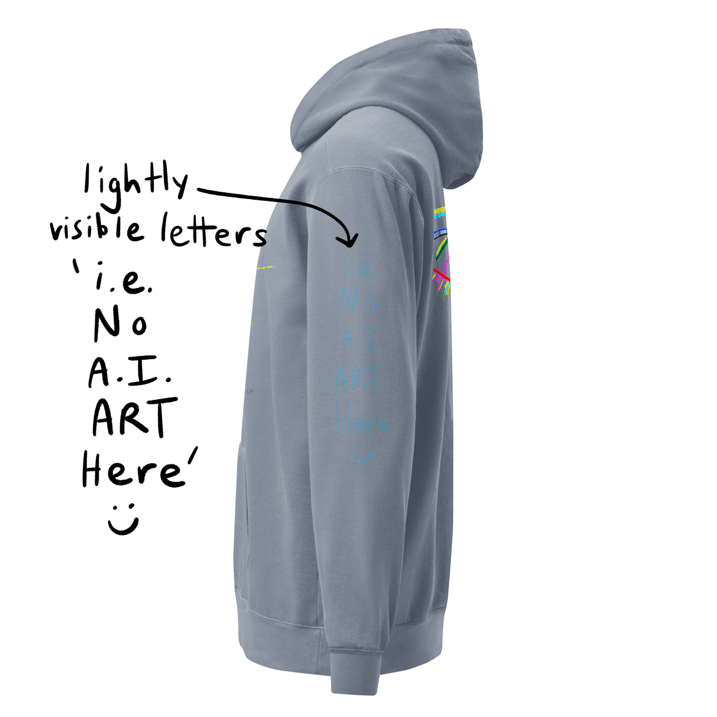 'Love is the driver' + 'I AM the passenger' (ie No A.I. ART Here) cotton hoodie in blue jean